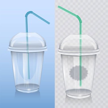 Milkshake ve limonata ve smoothie için gerçekçi plastik fincan. Vektör eps 10 Saydam arka plan üzerinde Çizim.
