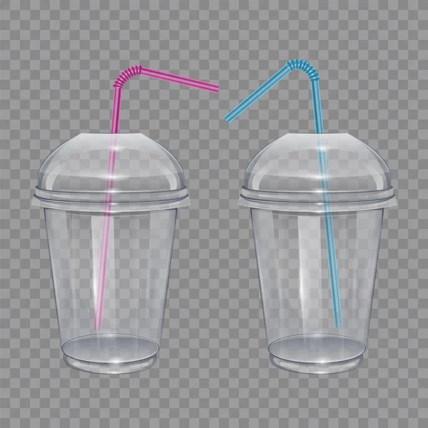 Taza de plástico transparente con pajitas para beber. Para batido o limonada. Ilustración vectorial sobre fondo transparente . — Vector de stock