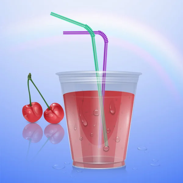 Mockup succo, tazza di frullato isolato su sfondo trasparente, illustrazione 3d. Tazza di plastica realistica con succo di ciliegia, illustrazione vettoriale — Vettoriale Stock