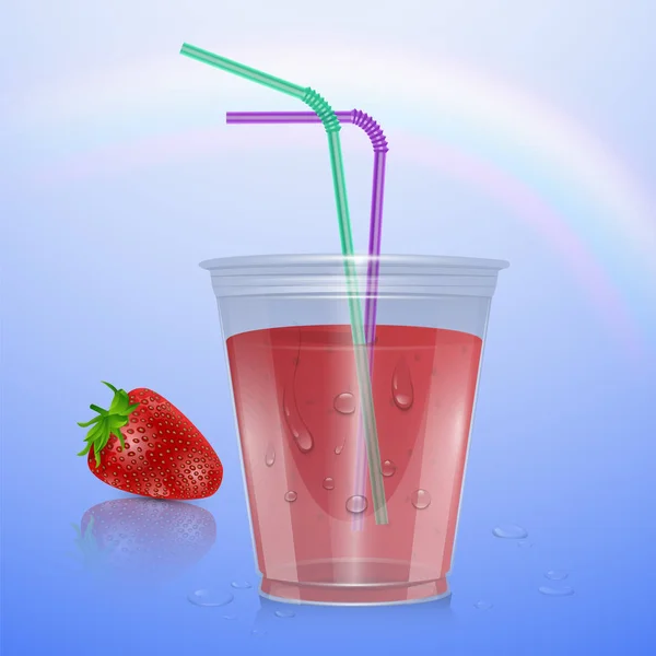 Макет соку, гладкий стакан ізольований на прозорому фоні, 3d ілюстрація. Реалістична пластикова чашка з полуничним соком, Векторні ілюстрації — стоковий вектор
