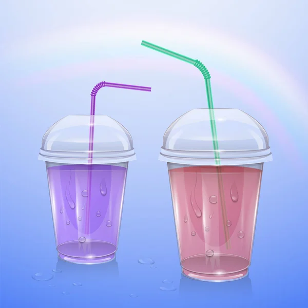 Соки макет, гладкий стакан ізольовані на прозорому фоні, 3d ілюстрація. Реалістична пластикова чашка з соком, Векторні ілюстрації — стоковий вектор