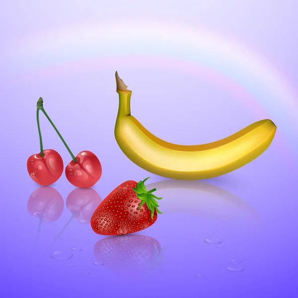 Реалистичная векторная иллюстрация с бананом, клубникой и вишней на красочном фоне, 3D иллюстрация — стоковый вектор