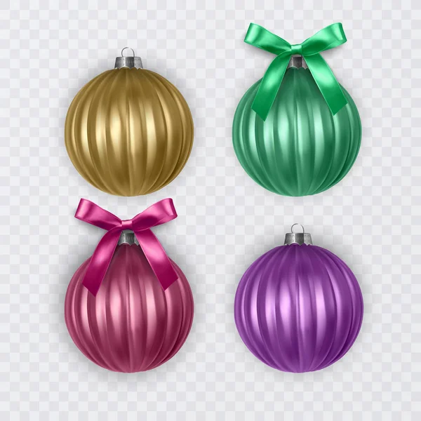 Bolas de Natal coloridas com arco realista em fundo transparente, decorações de Natal vetoriais — Vetor de Stock