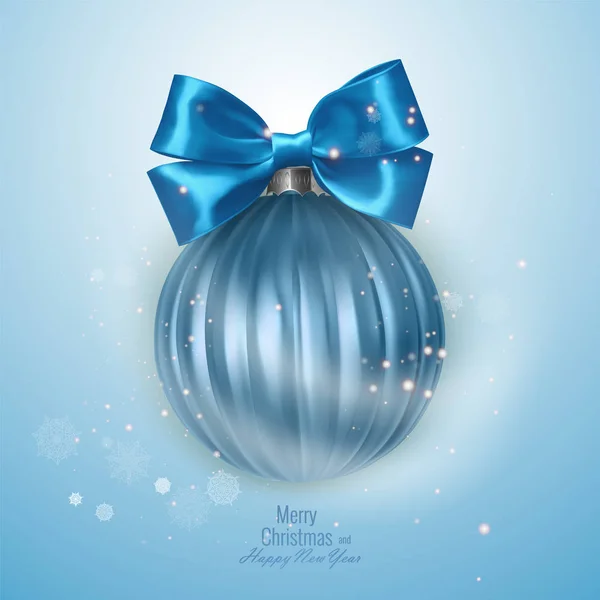Tarjeta de año nuevo brillante con una bola de Navidad realista, decorado con un arco. Ilustración vectorial — Archivo Imágenes Vectoriales
