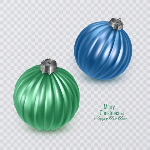 Bolas de Navidad realistas y brillantes de colores verde y azul sobre fondo transparente. Ilustración vectorial — Archivo Imágenes Vectoriales