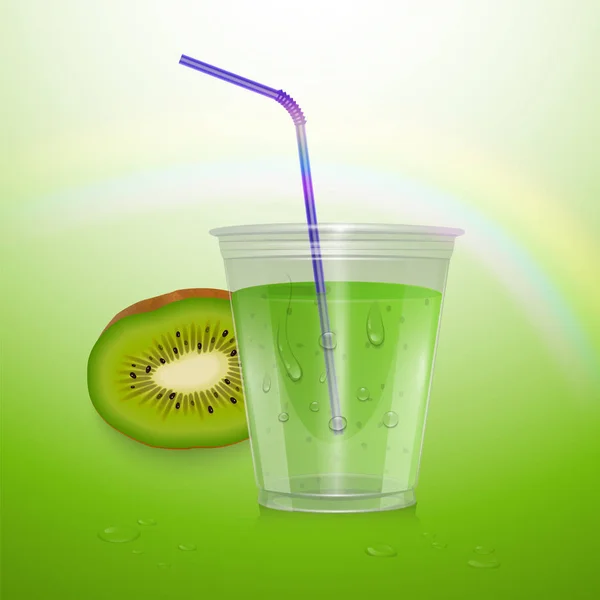Reális Kiwi Juice egy műanyag kupát. Vektor illusztráció Kiwi és csésze gyümölcslé — Stock Vector