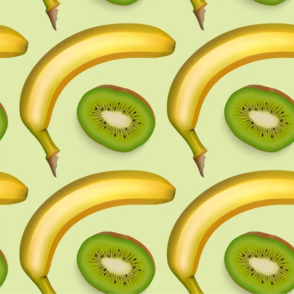 Fondo brillante sin costuras con plátano y kiwi, fondo con frutas realistas, ilustración colorida — Vector de stock