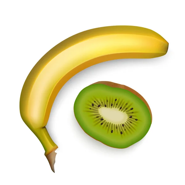 Реалистичные фрукты, банан и киви на белом фоне, векторная иллюстрация — стоковый вектор