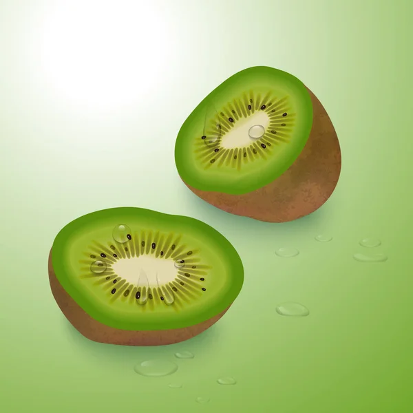 Piezas de kiwi sobre un fondo verde brillante, jugosas piezas de kiwi en un estilo realista, ilustración vectorial — Vector de stock