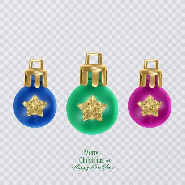 Bolas de Navidad de colores sobre fondo transparente, decoraciones de Navidad vector — Archivo Imágenes Vectoriales