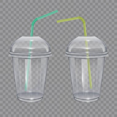İçme pipetleri ile şeffaf plastik bardak. Smoothie veya limonata için. Saydam arka planda Vektör Çizimi.