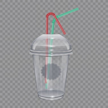 İçme pipetleri ile şeffaf plastik bardak. Smoothie veya limonata için. Saydam arka planda Vektör Çizimi.
