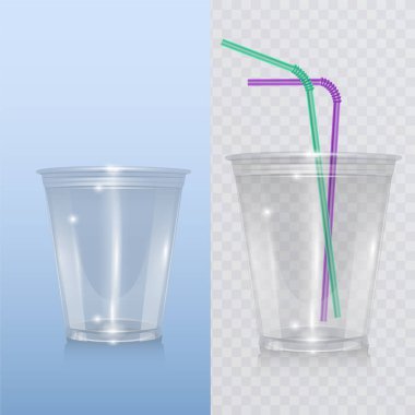Milkshake ve limonata ve smoothie için gerçekçi plastik fincan. Vektör eps 10 Saydam arka plan üzerinde Çizim.