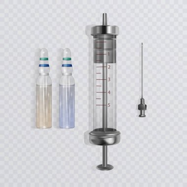 Ampul. Ampul, şırınga ve tablet seti. Tıp ve sağlık hizmetleri. Vektör çizimi.