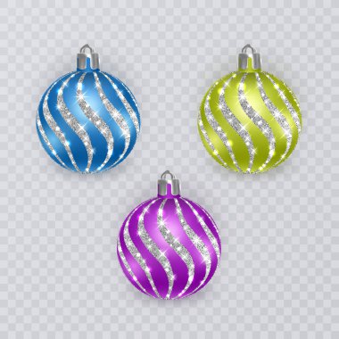 Şeffaf arka planda renkli noel topları, vektör noel süslemeleri