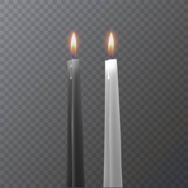 Gerçekçi siyah beyaz mumlar, koyu arka planda mum yakma, vektör illüstrasyon