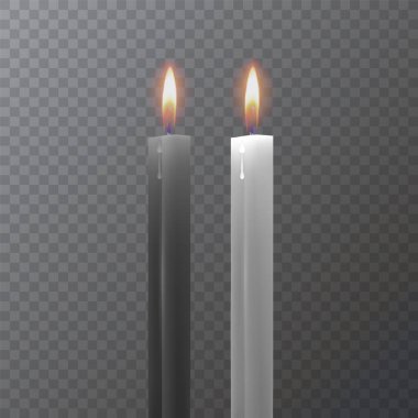 Gerçekçi siyah beyaz mumlar, koyu arka planda mum yakma, vektör illüstrasyon