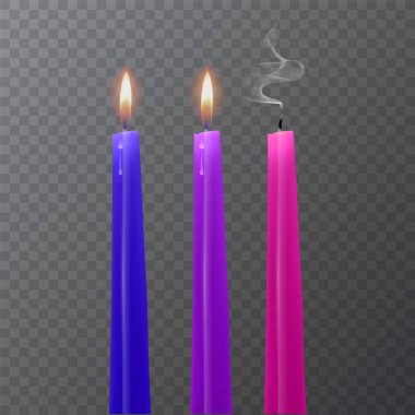 Parlak renklerin gerçekçi mumları, koyu arka planda mum yakma, vektör çizimi