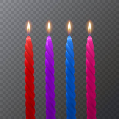 Parlak renklerin gerçekçi mumları, koyu arka planda mum yakma, vektör çizimi