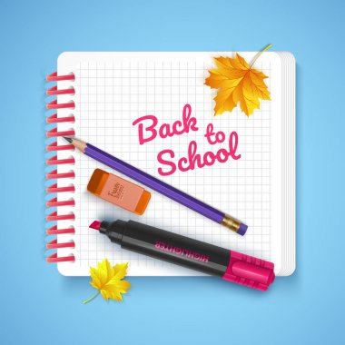 Renkli parlak arka plan üzerinde defter ve okul malzemeleri, okula geri kırtasiye kartpostal. Vektör çizimi