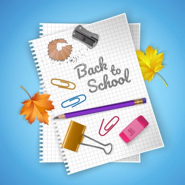 Renkli parlak arka plan üzerinde defter sayfası ve okul malzemeleri, okula geri kırtasiye kartpostal. Vektör çizimi
