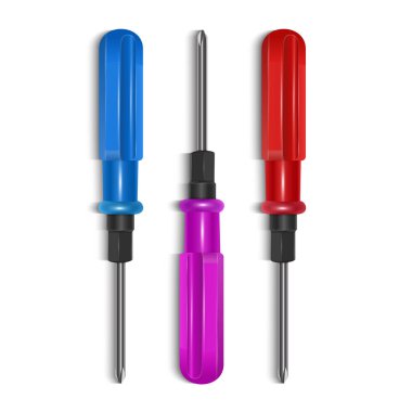 Takım kiti, beyaz arka plan üzerinde parlak renklerde tornavidalar, vektör çizimi