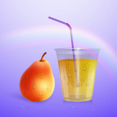 Meyve suyu mockup, smoothie fincan mor arka plan, 3d illüstrasyon izole. Armut suyu ile Gerçekçi plastik Fincan, vektör illüstrasyon