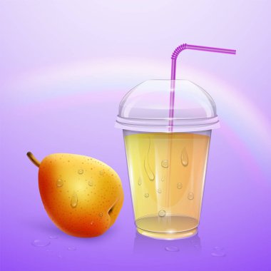 Meyve suyu mockup, smoothie fincan mor arka plan, 3d illüstrasyon izole. Armut suyu ile Gerçekçi plastik Fincan, vektör illüstrasyon