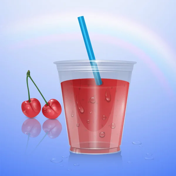 Фруктова макет фруктові смузі, чашка пюре ізольована на прозорий фон, 3D ілюстрація. Реалістична пластикова чашка з вишневим пюре, Векторна ілюстрація — стоковий вектор