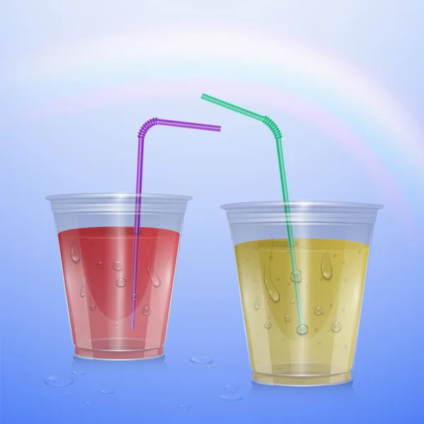 Соки макет, гладкий стакан ізольовані на прозорому фоні, 3d ілюстрація. Реалістична пластикова чашка з лимонадом та полуничним соком, Векторні ілюстрації — стоковий вектор