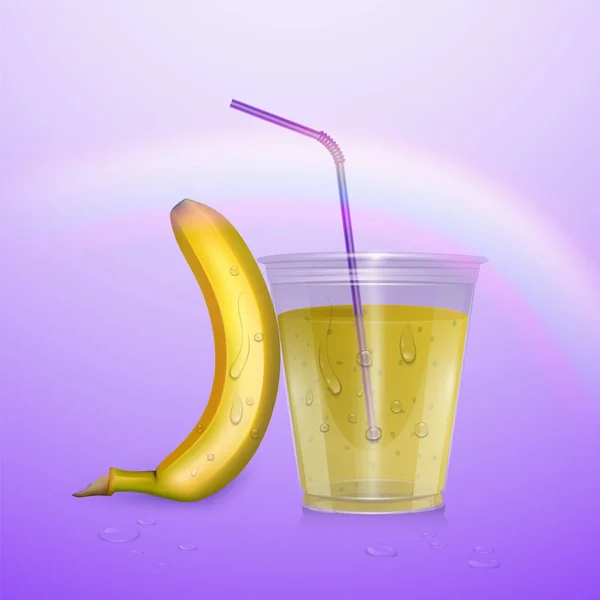 Реалістичний банановий сік в пластиковому стаканчику. Векторна ілюстрація з банановими і чашечкою соку — стоковий вектор