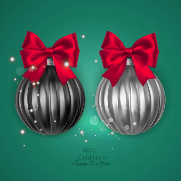 Realistas bolas de Navidad en blanco y negro con lazo rojo sobre fondo verde, decoraciones de Navidad vector — Archivo Imágenes Vectoriales