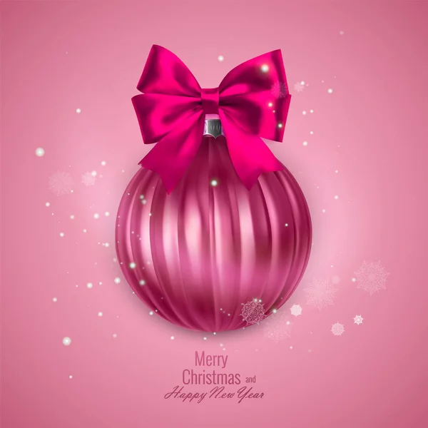 Heldere nieuwjaarskaart met een realistische kerst bal, versierd met een strik. Vector illustratie — Stockvector