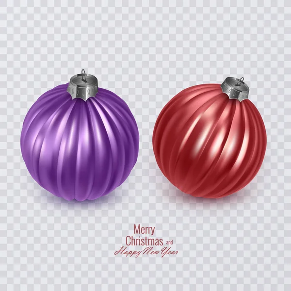 Palline di Natale realistiche e luminose di colori viola e rosso su sfondo trasparente. Illustrazione vettoriale — Vettoriale Stock