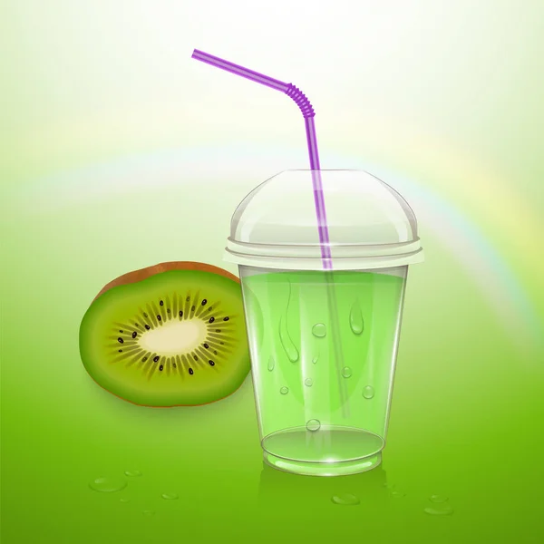 Succo di kiwi realistico in una tazza di plastica. Illustrazione vettoriale con kiwi e tazza di succo — Vettoriale Stock