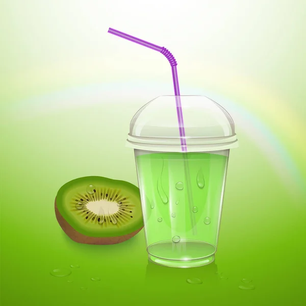 Realistická šťáva Kiwi v plastovém poháru. Vektorová ilustrace s kiwi a šálkem šťávy — Stockový vektor