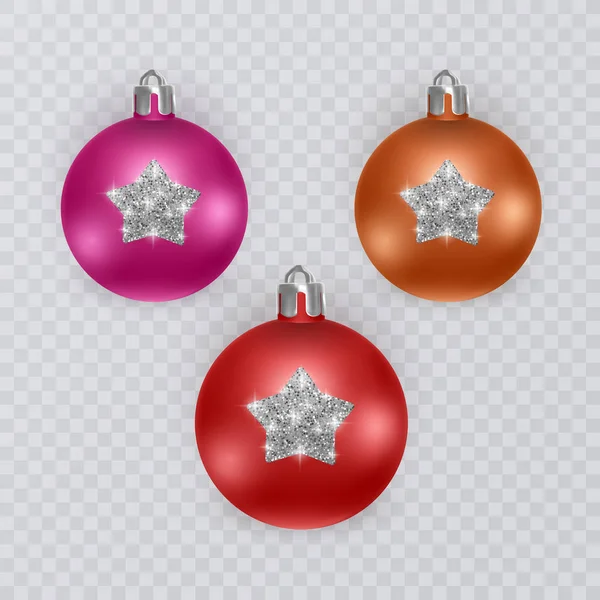 Bolas de Natal coloridas em fundo transparente, decorações de Natal vetoriais — Vetor de Stock