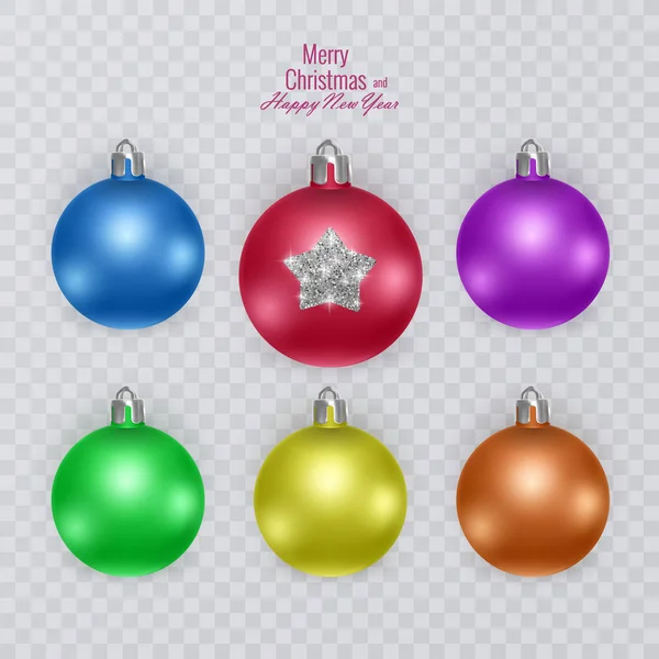 Bolas de Navidad de colores sobre fondo transparente, decoraciones de Navidad vector — Archivo Imágenes Vectoriales