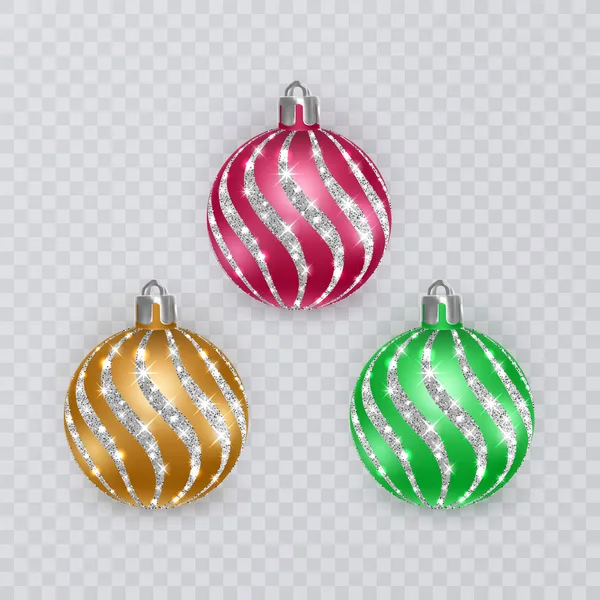 透明な背景にカラフルなクリスマスボール、ベクトルクリスマスの装飾 — ストックベクタ