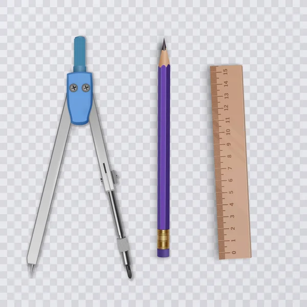 Drawing tool kit, compass, pencil and ruler on transparent background, school supplies, vector illustration — Stock Vector