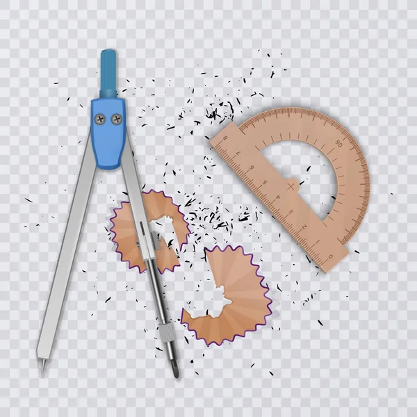 Kit de herramientas de dibujo, brújula, lápiz y regla sobre fondo transparente, útiles escolares, ilustración vectorial — Vector de stock
