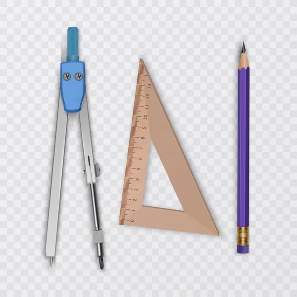 Drawing tool kit, compass, pencil and ruler on transparent background, school supplies, vector illustration — Stock Vector