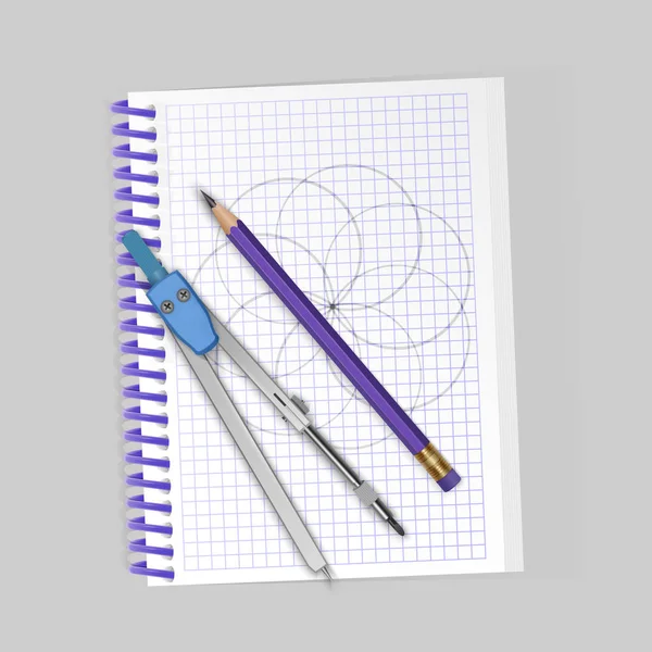 Kit de herramientas de dibujo, brújula, lápiz en el cuaderno, herramientas de dibujo realistas. Ilustración vectorial — Archivo Imágenes Vectoriales