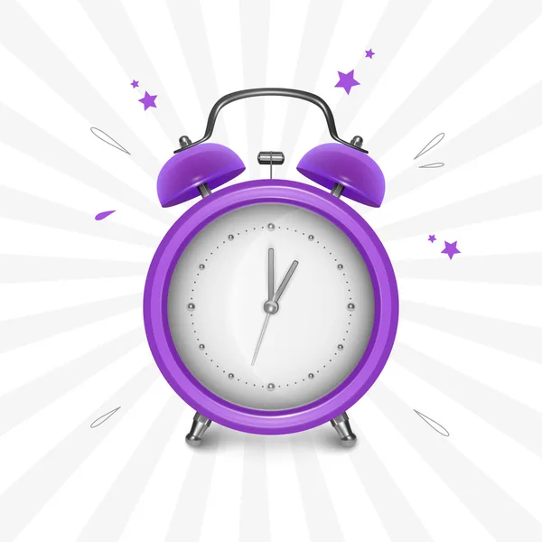 Reloj despertador púrpura sobre fondo blanco, ilustración vectorial — Vector de stock