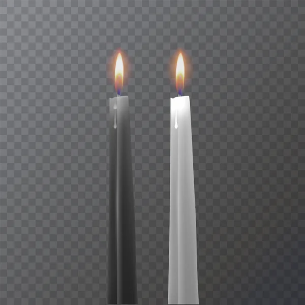 Realistiska svarta och vita ljus, brinnande ljus på mörk bakgrund, vektor illustration — Stock vektor
