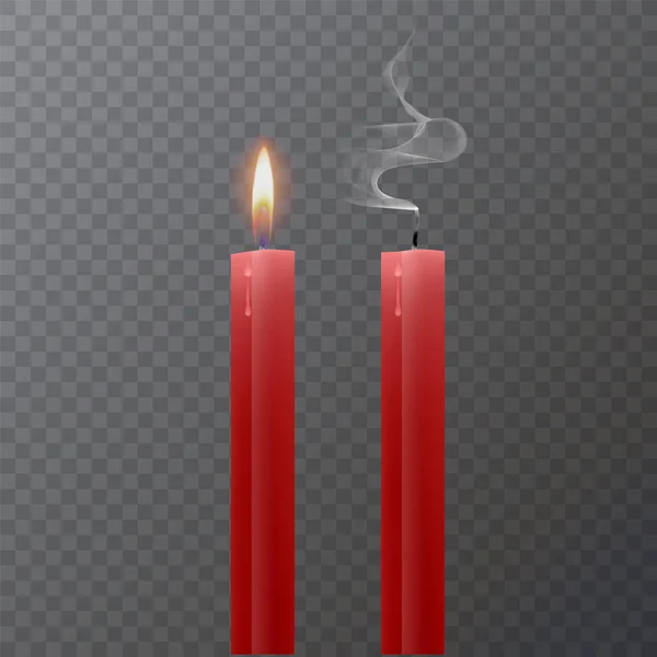 Vela roja realista, vela roja ardiente y una vela extinta sobre fondo oscuro, ilustración vectorial — Vector de stock