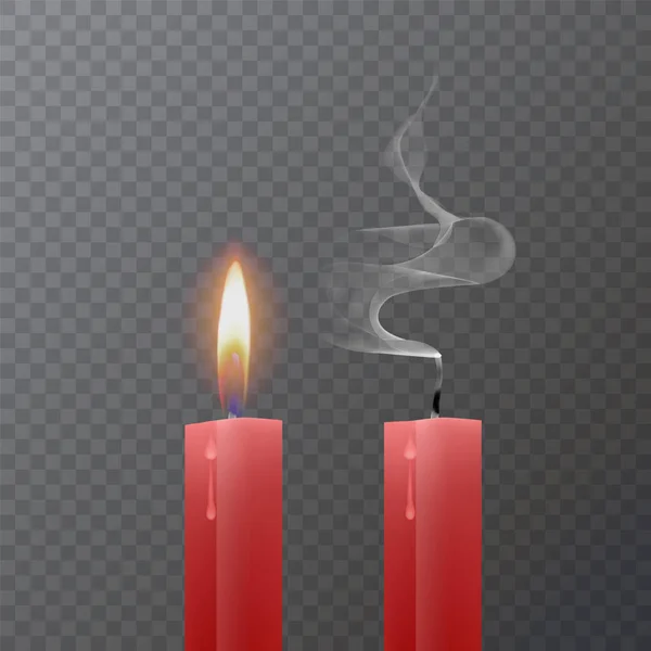 Realistická rudá svíčka, hořící rudá svíčka a vymřelá svíčka na tmavém pozadí, vektorová ilustrace — Stockový vektor
