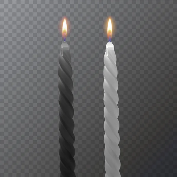 Realistyczne czarno-białe świece, płonące świece na ciemnym tle, ilustracja wektorowa — Wektor stockowy