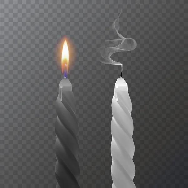 Candele realistiche in bianco e nero, bruciore e candele estinte su sfondo scuro, illustrazione vettoriale — Vettoriale Stock