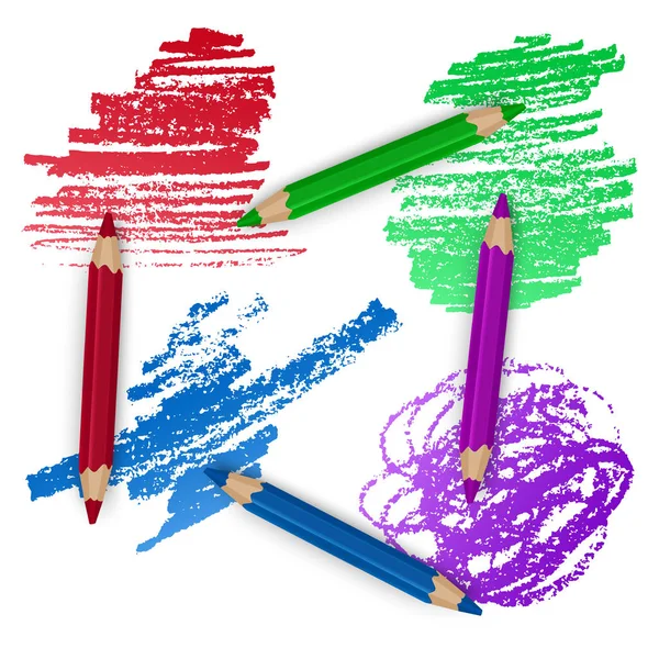 Ensemble réaliste de crayons de couleur colorés, crayons avec fond de coups de pinceau, art de retour à l'école. Illustration vectorielle — Image vectorielle